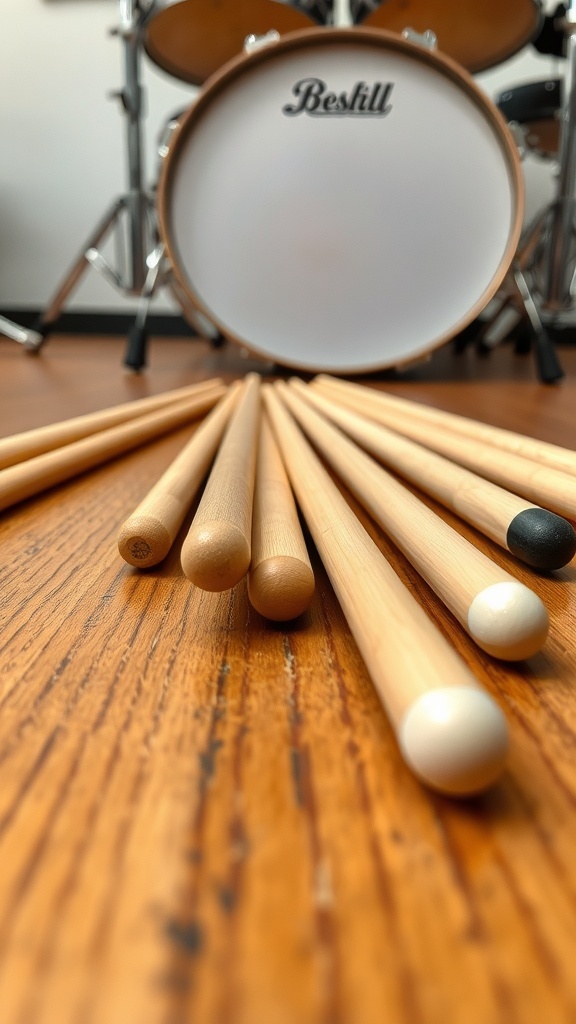 Different types of drumsticks on a wooden surface, including wooden and nylon options.